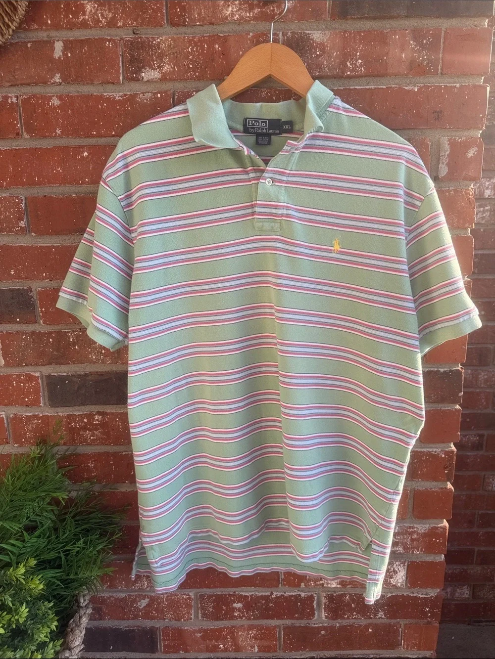 Ralph Lauren Green Polo with Stripes and signature horse logo.